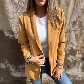 Женский пиджак с лацканами, длинный рукав, леопардовый принт, манжеты, пиджак, однотонный, свободный крой, открытый перед, повседневная деловая верхняя одежда XXL