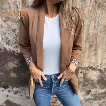 Женский пиджак с лацканами, длинный рукав, леопардовый принт, манжеты, пиджак, однотонный, свободный крой, открытый перед, повседневная деловая верхняя одежда XXL