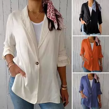 Женский пиджак с лацканами, длинный рукав, одна пуговица, свободный крой, однотонный тонкий рабочий офисный пиджак, рабочая одежда M синий
