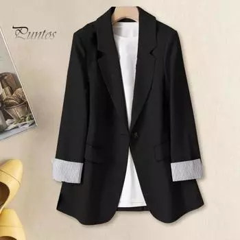 Женский пиджак с лацканами, длинный рукав, одна пуговица, карманы с клапанами, пиджак в деловом стиле с полосатыми манжетами XXL чёрный