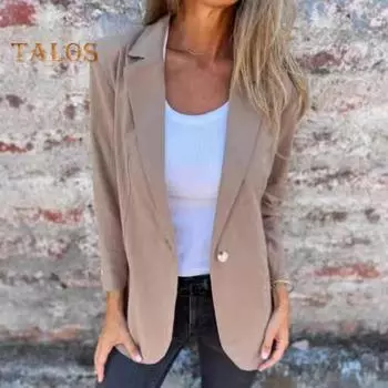 Женский пиджак с лацканами, длинный рукав, однобортный пиджак, однотонный, свободный крой, повседневная деловая верхняя одежда M серый