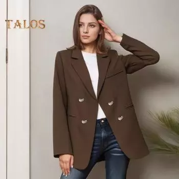 Женский пиджак с лацканами, длинный рукав, однотонный повседневный пиджак свободного кроя, двубортный, базовая повседневная верхняя одежда, офисное женское пальто M чёрный