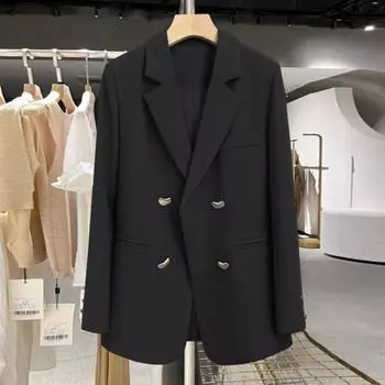 Женский пиджак с лацканами, длинный рукав, однотонный повседневный пиджак свободного кроя, двубортный, базовая повседневная верхняя одежда, офисное женское пальто M бежевый