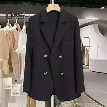 Женский пиджак с лацканами, длинный рукав, однотонный повседневный пиджак свободного кроя, двубортный, базовая повседневная верхняя одежда, офисное женское пальто M чёрный