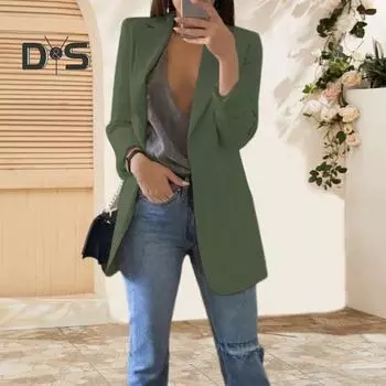 Женский пиджак с лацканами, длинный рукав, открытый спереди, однотонный, большие карманы, стиль для поездок на работу, повседневная деловая верхняя одежда M вино красного