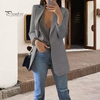 Женский пиджак с лацканами, длинный рукав, открытый спереди, однотонный, большие карманы, стиль для поездок на работу, повседневная деловая верхняя одежда M темно-синий