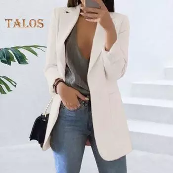 Женский пиджак с лацканами, длинный рукав, открытый спереди, однотонный пиджак в городском стиле, весна-осень, деловая верхняя одежда S чёрный