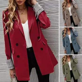 Женский пиджак с лацканами, длинный рукав, полосатые манжеты, пиджак с карманами-клапанами, однотонный S армия зеленый