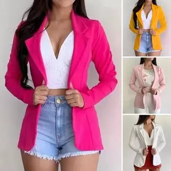Женский пиджак с лацканами, длинный рукав, приталенный пиджак с одной пуговицей, однотонный, универсальный XXL розовый