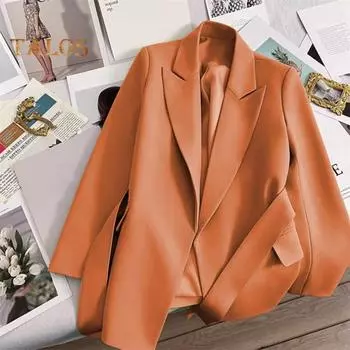 Женский пиджак с лацканами, длинный рукав, шнуровка, однотонный пиджак с карманами, свободный крой, деловая верхняя одежда M кофейный