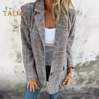 Женский пиджак с лацканами, длинный рукав, узор «гусиная лапка», однобортный кардиган, пиджак с карманами-клапанами, свободный крой, деловая верхняя одежда M красный