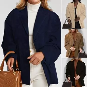 Женский пиджак с лацканами, длинный рукав, застежка на пуговицы, пиджак, однотонный, городской стиль, деловая верхняя одежда S темно-синий