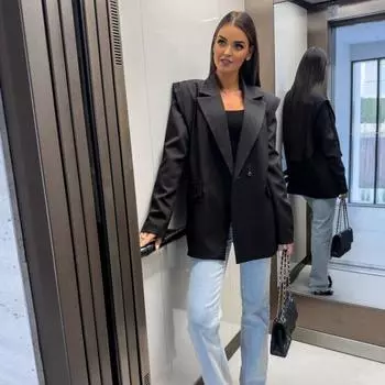 Женский пиджак с лацканами, длинный рукав, застежка на пуговицы, пиджак, однотонный цвет S чёрный
