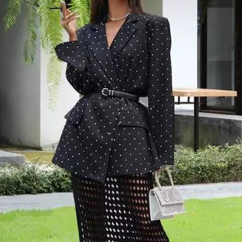 Женский пиджак с лацканами, длинным рукавом, принтом в горошек, пуговицами, планкой, с поясом, универсальный S чёрный