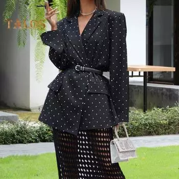 Женский пиджак с лацканами, длинным рукавом, принтом в горошек, пуговицами, планкой, пиджаком с поясом, универсальный городской стиль, деловая рабочая одежда S чёрный