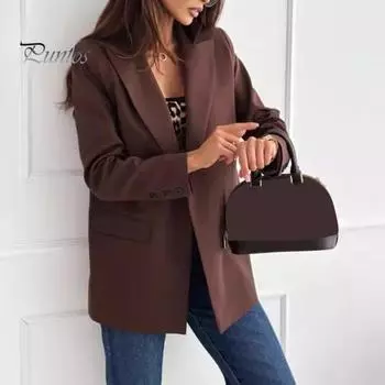 Женский пиджак с лацканами, длинными рукавами, карманами-клапанами, пиджак с пуговицами, приталенный однотонный деловой пиджак S кофейный