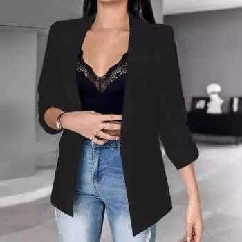 Женский пиджак с лацканами, длинными рукавами, карманами-клапанами, однотонный пиджак с открытым передом для офиса и деловой одежды S чёрный