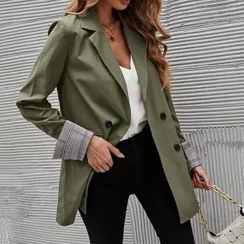 Женский пиджак с лацканами, длинными рукавами, полосатыми манжетами, пиджаком с карманами с клапанами S хаки