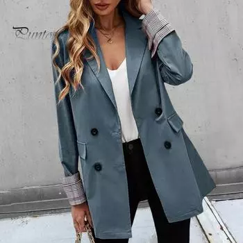 Женский пиджак с лацканами, длинными рукавами, полосатыми манжетами, с карманами-клапанами, однотонный, свободный двубортный деловой пиджак S армия зеленый