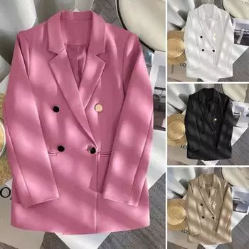 Женский пиджак с лацканами и длинным рукавом, двубортный повседневный кардиган, куртка, универсальный, однотонный S хаки