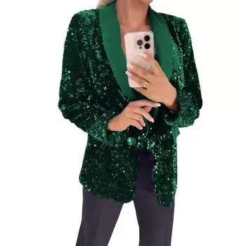 Женский пиджак с лацканами и длинными рукавами на пуговицах, пиджак с блестками, осенне-зимняя деловая верхняя одежда для уличной вечеринки S зелёный