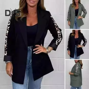 Женский пиджак с лацканами, леопардовым принтом, с длинным рукавом, открытым спереди, с карманами-клапанами, деловая официальная верхняя одежда S зелёный