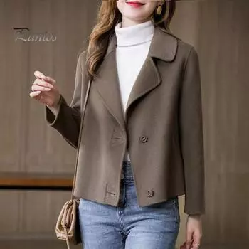 Женский пиджак с лацканами, однобортный, двусторонний, шерстяной, пальто, свободный, короткий, с длинными рукавами, для поездок на работу, свиданий, весна, осень, зима XXL