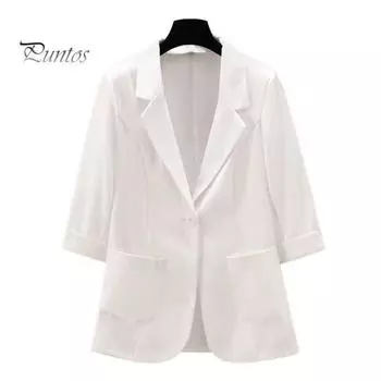 Женский пиджак с лацканами, рукавом 3/4, застежкой на пуговицы, летний пиджак, однотонный, тонкий, дышащий, повседневный пиджак L белый