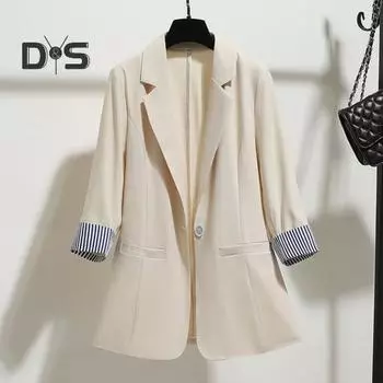 Женский пиджак с лацканами, рукавом 3/4, полосатыми манжетами, пиджак с одной пуговицей, карманы, свободный крой, деловая рабочая одежда M белый