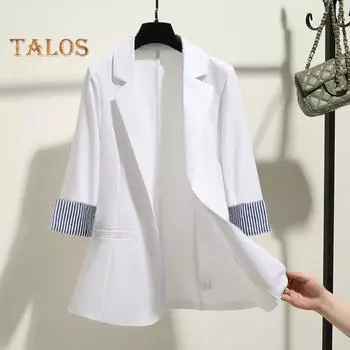 Женский пиджак с лацканами, рукавом 3/4, полосатыми манжетами, пиджак с одной пуговицей, карманы, свободный крой, деловая рабочая одежда M чёрный