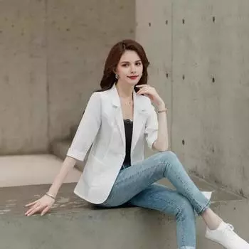 Женский пиджак с лацканами, рукавом 3/4, застежкой на пуговицы, летний пиджак, однотонный, тонкий, дышащий, повседневный пиджак L белый