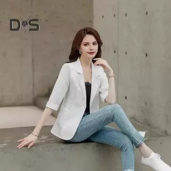 Женский пиджак с лацканами, рукавом 3/4, застежкой на пуговицы, летний пиджак, однотонный, тонкий, дышащий, повседневный пиджак L белый