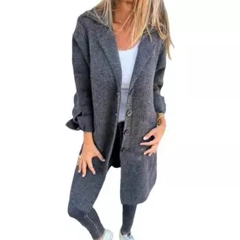 Женский пиджак с лацканами, шерстяное пальто с длинными рукавами, приталенный пиджак, офисный карман, повседневный тонкий кардиган для осени и зимы XL темно-серого