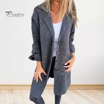 Женский пиджак с лацканами, шерстяное пальто с длинными рукавами, приталенный пиджак, офисный карман, повседневный тонкий кардиган для осени и зимы XL темно-серого