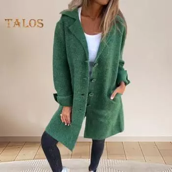 Женский пиджак с лацканами, шерстяное пальто с длинными рукавами, приталенный пиджак, офисный карман, повседневный тонкий кардиган для осени и зимы L темно-серого