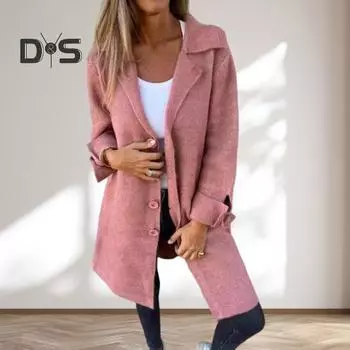 Женский пиджак с лацканами, шерстяное пальто с длинными рукавами, приталенный пиджак, офисный карман, повседневный тонкий кардиган для осени и зимы M темно-серого