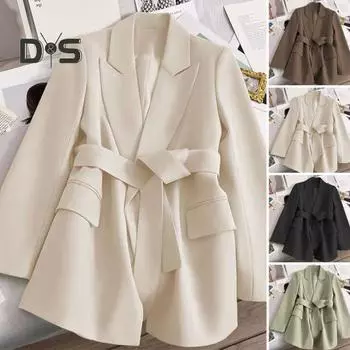 Женский пиджак с отложным воротником, деловой, облегающий, однотонный, с поясом на талии, с длинным рукавом, ложные карманы, отложной воротник, для поездок на работу и в офис M кофейный