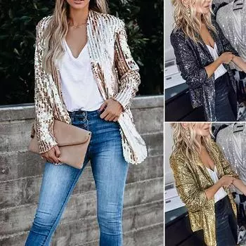 Женский пиджак с пайетками, блестящий, с открытым передом, тонкий пиджак, женская праздничная верхняя одежда S розы красного