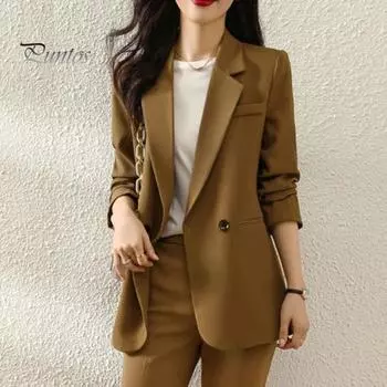 Женский пиджак с подкладкой на плечах, длинный рукав, два кармана на пуговицах, пиджак однотонный с разрезом сзади, деловая верхняя одежда L хаки