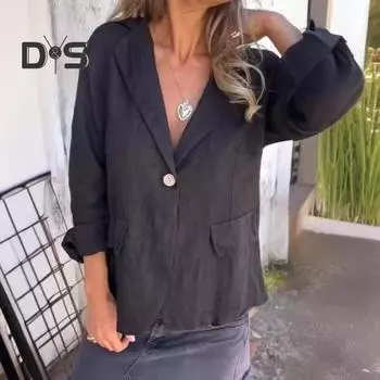 Женский пиджак с V-образным вырезом и лацканами, длинный рукав, однотонный пиджак, весна-осень, однотонный пиджак с клапанами, деловая верхняя одежда L чёрный