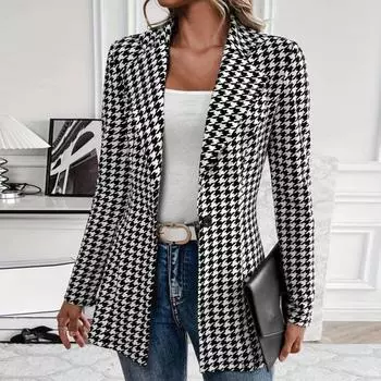 Женский пиджак с зазубренными лацканами, длинный рукав, на одной пуговице, приталенный пиджак с клетчатым принтом, верхняя одежда для офиса M чёрный