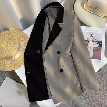 Женский пиджак весна-лето 2025 в черно-серой контрастной отделке: Модный, универсальный повседневный топ