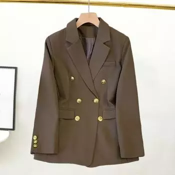 Женский пиджак Yousheng, двубортный пиджак с отворотом и длинным рукавом, однотонный облегающий пиджак для работы M чёрный