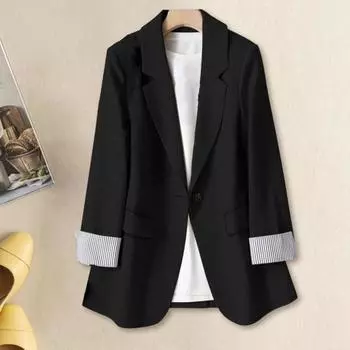 Женский пиджак Yousheng с лацканами, длинным рукавом, на одной пуговице, с клапанами, карманами, пиджак в стиле «коммутационный», с полосатыми манжетами, деловая верхняя одежда XXL чёрный