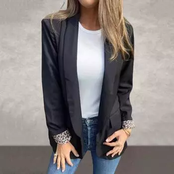 Женский пиджак Yousheng с лацканами, длинными рукавами, леопардовым принтом, манжетами, однотонный, свободный крой, открытая передняя часть, повседневная деловая верхняя одежда L