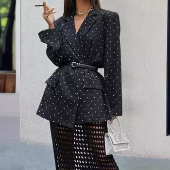 Женский пиджак Yousheng с лацканами, длинными рукавами, принтом в горошек, пуговицами, планкой, с поясом, универсальный городской стиль, деловая рабочая одежда S чёрный