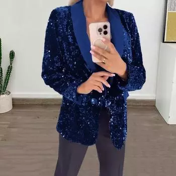 Женский пиджак Yousheng с лацканами и длинными рукавами на пуговицах, блестящий пиджак с пайетками, осенне-зимняя деловая верхняя одежда для уличной вечеринки S синий
