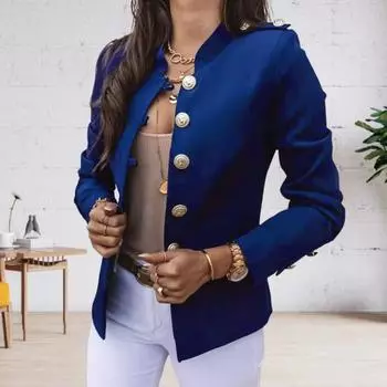 Женский пиджак Yousheng с воротником-стойкой и длинным рукавом, однобортный пиджак, однотонный, приталенный, офисная деловая верхняя одежда M королевский синий