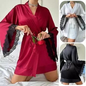Женский пижамный халат для душа, атласные банные халаты для женщин, длинный рукав, V-образный вырез, домашний халат с поясом, 3 цвета, ночная рубашка, сексуальная одежда для сна XS чёрный