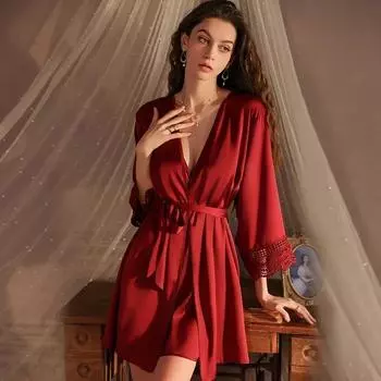 Женский пижамный халат, женское платье на тонких бретельках с чашечкой бюстгальтера, женская пижама в романтическом стиле M